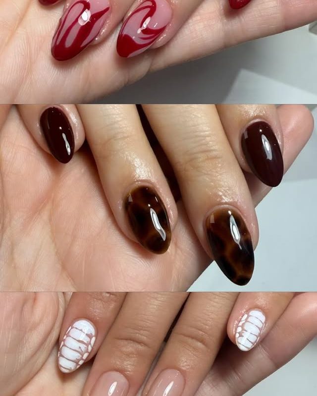 Uñas con diseño en rojo, chocolate y francesita